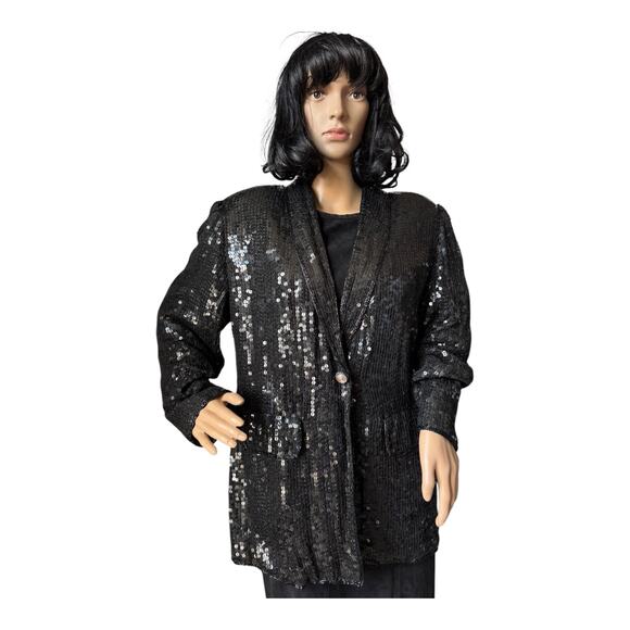 American Vtg Black Silk Sequined Formal Occasion one button Blazer coat medium - Picture 17 of 17